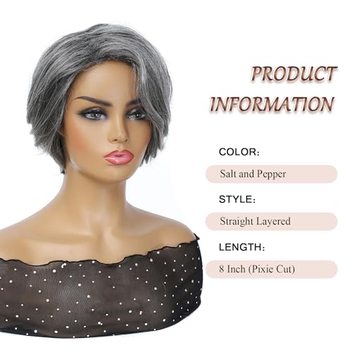 HUA Grey Human Hair Pixie Cut Wigs for Black Women - Mixed 8 Inch Short Salt and Pepper Straight Layered Grey Wigs with Natural Wave - Image 2