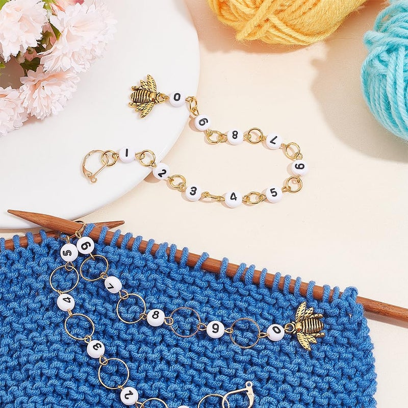 NBEADS 2 Pcs 2 Styles Bees Charm Knitting Row Counter Chains, 0~9 Number Stitch Markers Acrylic Beads Crochet Stitch Marker Charms for Knitting Weaving Sewing Quilting Handmade Jewelry - Image 5