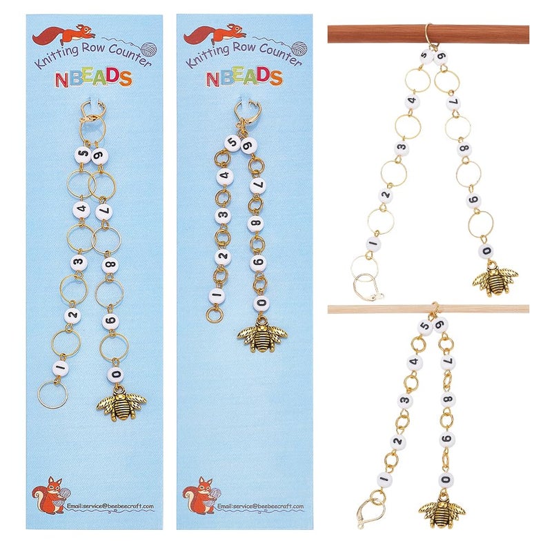 NBEADS 2 Pcs 2 Styles Bees Charm Knitting Row Counter Chains, 0~9 Number Stitch Markers Acrylic Beads Crochet Stitch Marker Charms for Knitting Weaving Sewing Quilting Handmade Jewelry - Image 1