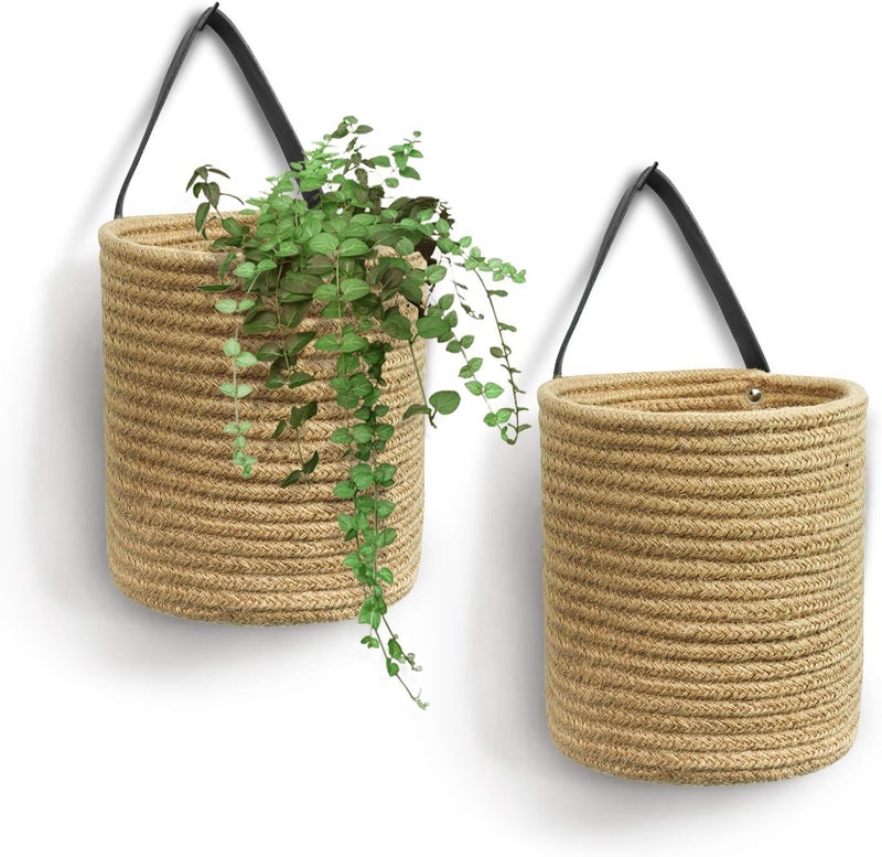 Goodpick 2pack Jute Hanging Basket - Small Woven Fern Hanging Rope Basket Flower Plants Wall Basket Decor Set Boho, 7.87 x 7 x 11.7 inches - Image 1