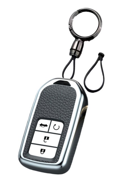 OUYoo For Honda Key fob Cover,case Texture,with Keychain,Soft TPU Key Shell/Skin,4-Buttons fit Accord Civic CRV Pilot Odyssey Passport Remote Key Vehicle Accessories,Silver.