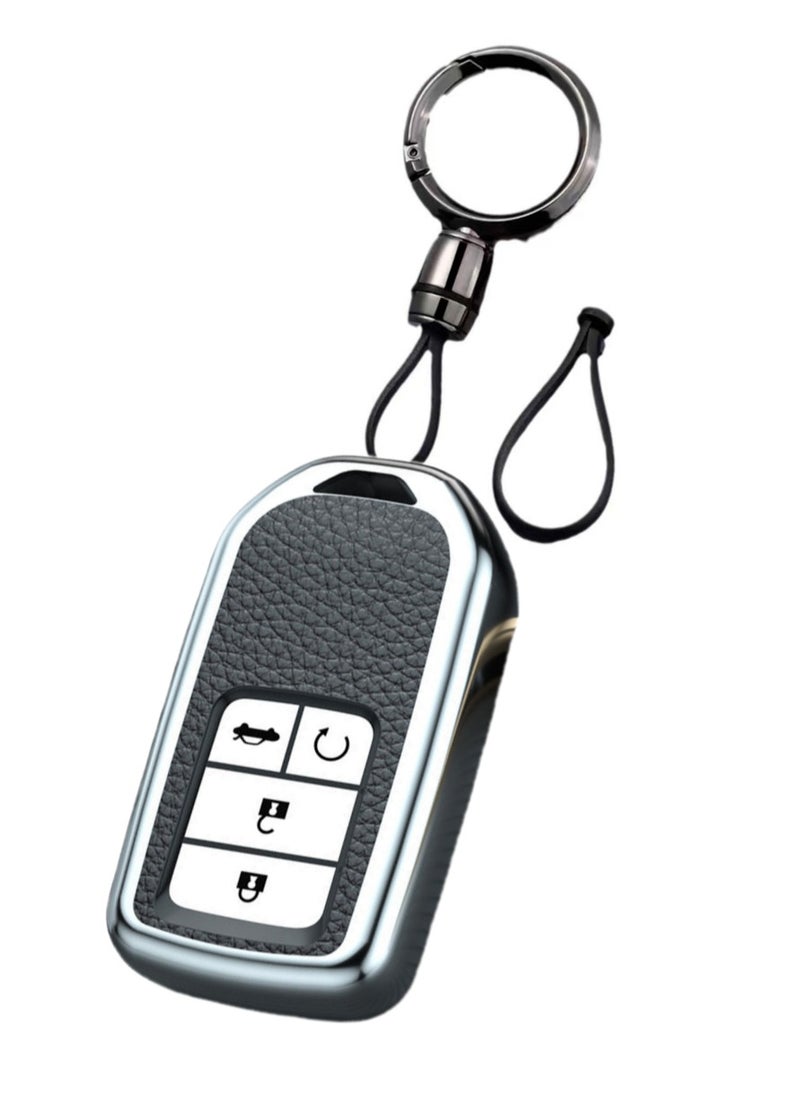 OUYoo - OUYoo For Honda Key fob Cover,case Texture,with Keychain,Soft TPU Key Shell/Skin,4-Buttons fit Accord Civic CRV Pilot Odyssey Passport Remote Key Vehicle Accessories,Silver. - Image 1