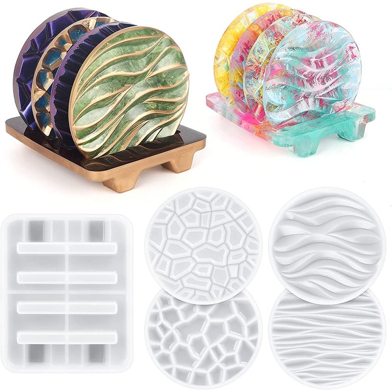 SNOOGG 5 PC Pack of 4 Type 3D Modern Design Coaster Silicone Resin Molds with 4 Slot Stand Epoxy Casting Mould Set for DIY Resin Art Coaster Making Kit Home Decor Craft Supplies 5 pc 1 Set - Image 3