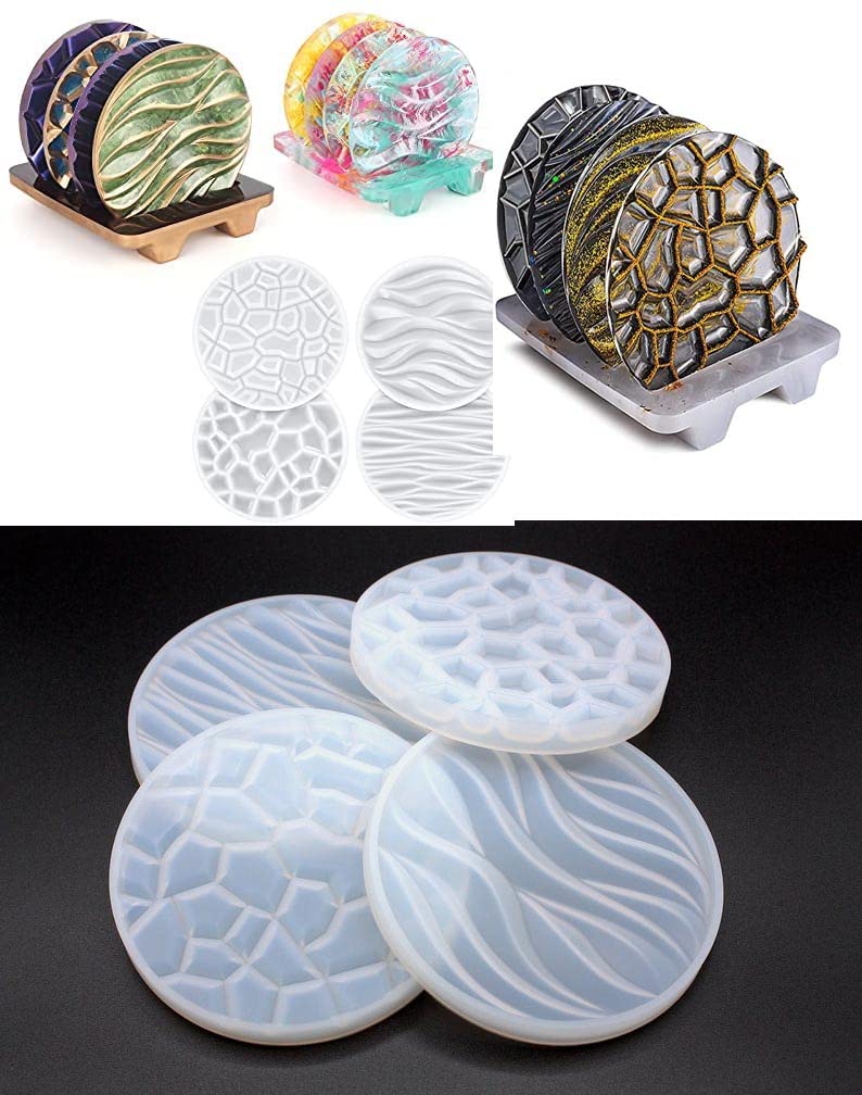 SNOOGG 5 PC Pack of 4 Type 3D Modern Design Coaster Silicone Resin Molds with 4 Slot Stand Epoxy Casting Mould Set for DIY Resin Art Coaster Making Kit Home Decor Craft Supplies 5 pc 1 Set - Image 4
