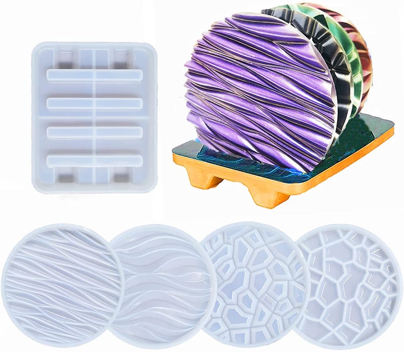 SNOOGG 5 PC Pack of 4 Type 3D Modern Design Coaster Silicone Resin Molds with 4 Slot Stand Epoxy Casting Mould Set for DIY Resin Art Coaster Making Kit Home Decor Craft Supplies 5 pc 1 Set - Image 1