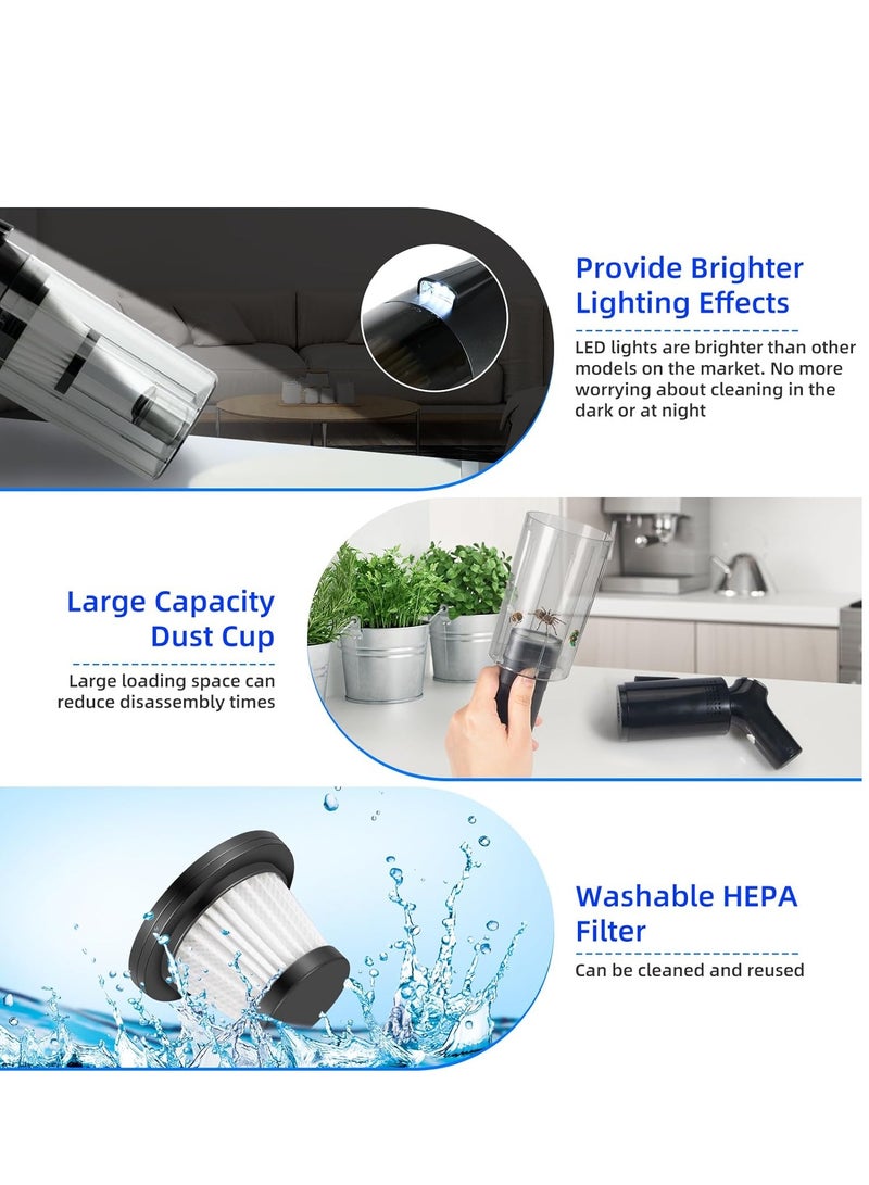 Excefore مكنسة كهربائية محمولة يدوية لطرد الحشرات مع قوة شفط قابلة للتعديل وحماية من السخونة الزائدة وعدد رقمي لعرض القياس للبعوض والعناكب والغبار والشعر، مكنسة صغيرة عالية القدرة بدون سلك للسيارة والمنزل - Image 5