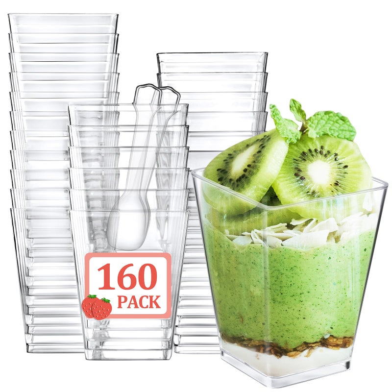 Eupako 160 Pack 5 OZ Plastic Mini Dessert Cups with Spoons - Clear Small Parfait Cups, Square Appetizer Cups for Fruit, Pudding, Mousse, Ice Cream, Party, Wedding, Valentine's Day - Image 1