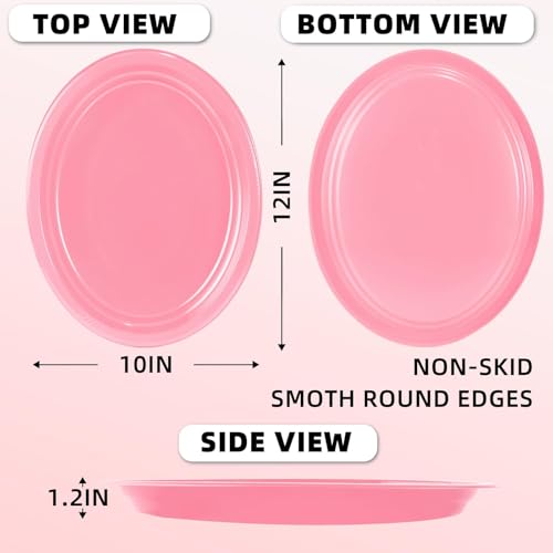 BONSINY 50 Count Pink Plastic Plates Disposiable 10" x 12" Oval Pink Plates for Birthday Picnic Spring Party Mothers Day - Image 2
