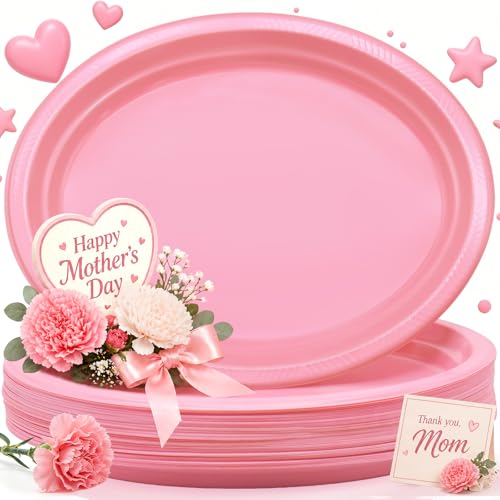 BONSINY 50 Count Pink Plastic Plates Disposiable 10" x 12" Oval Pink Plates for Birthday Picnic Spring Party Mothers Day - Image 1