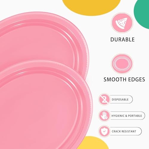 BONSINY 50 Count Pink Plastic Plates Disposiable 10" x 12" Oval Pink Plates for Birthday Picnic Spring Party Mothers Day - Image 3