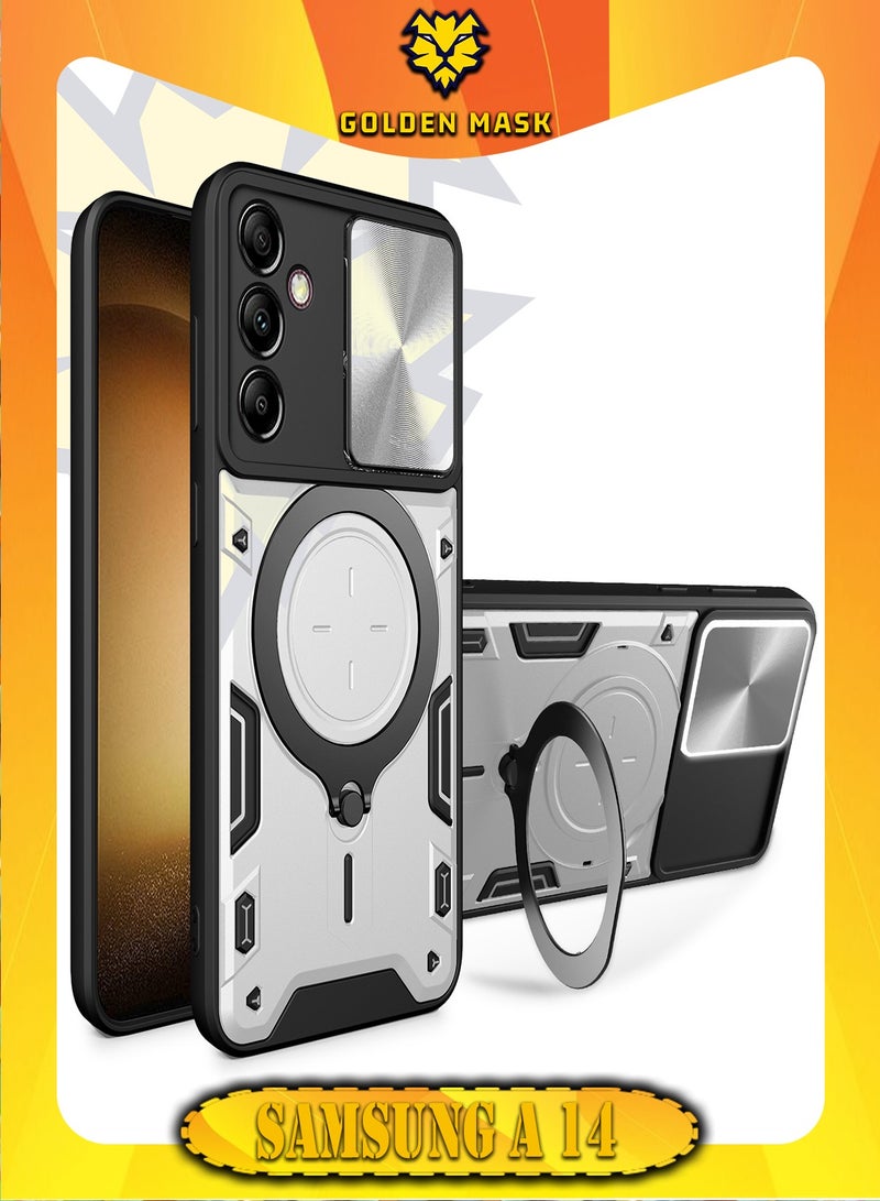 جولدن ماسك لهاتف سامسونج جالاكسي اية 14/ اية 14 5جى (Samsung Galaxy A14/A14 5G) جراب حماية مع باب جرار لحماية عدسة  الكاميرا المدرعة مدمج بزاوية 360 درجة - (فضى)