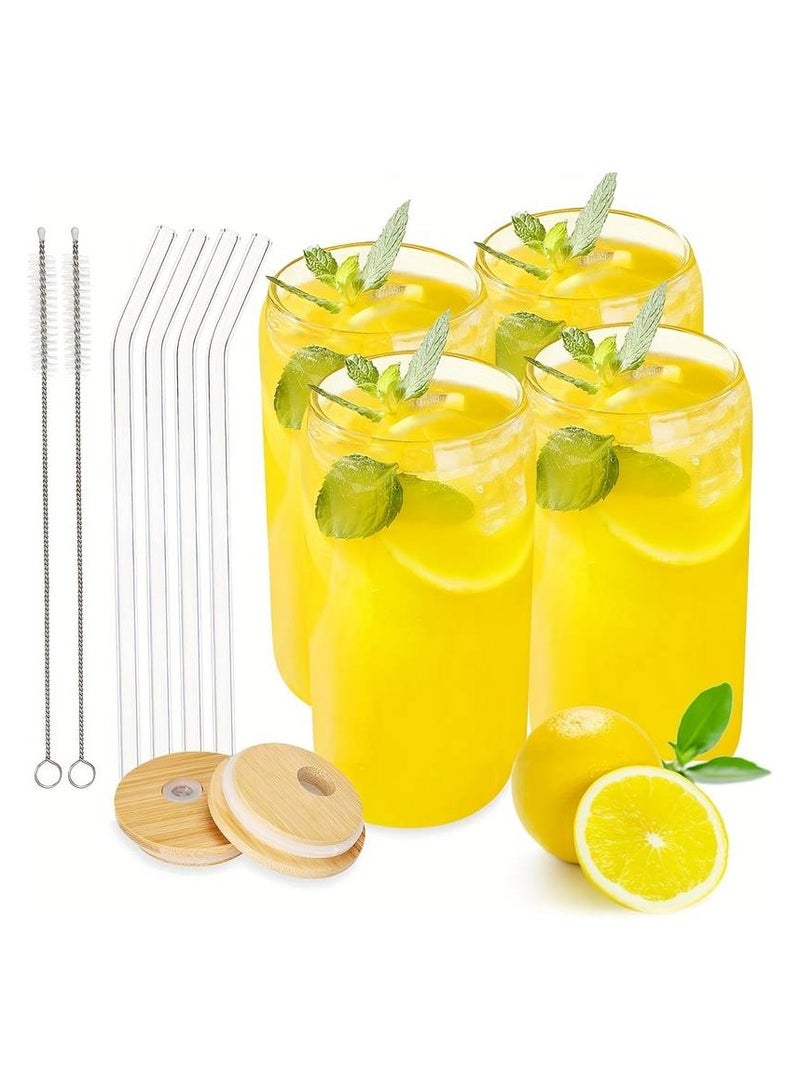 4pcs Glass Cups, With Bamboo Lids, Glass Straws, And Cleaning Brushes, Can Shaped Beer Cups - 16oz Glasses Coffee Cup, Whiskey Cups, Cups For Water, Tea, Wine - Image 1