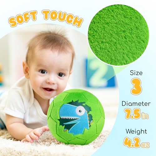 ZOOJOY Soft Balls for Toddlers 13 Silent Indoor Soccer Ball Size 3 Plush Inflatable House Ball for Kids 35 Kickball Toys First Birthday Gifts for Baby Boys Girls Green Dinosaur Pump Include - Image 5