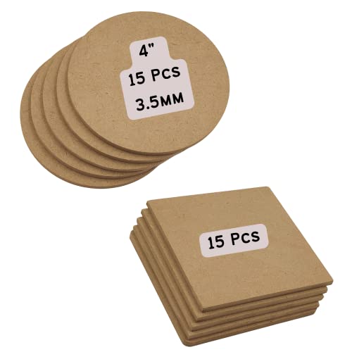 CRAFTER60 DIY MDF Blank Coasters for Art & Craft 4 inch Round & Square 30 Pieces Combo Pack Thickness 3.5MM (Combo- 4 inch Round & Square, 30) - Image 1