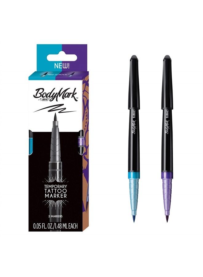 Bic BodyMark Temporary Tattoo Marker with Brush Tip, New School, Light Blue and Purple, Pack of 2 Markers - Image 1