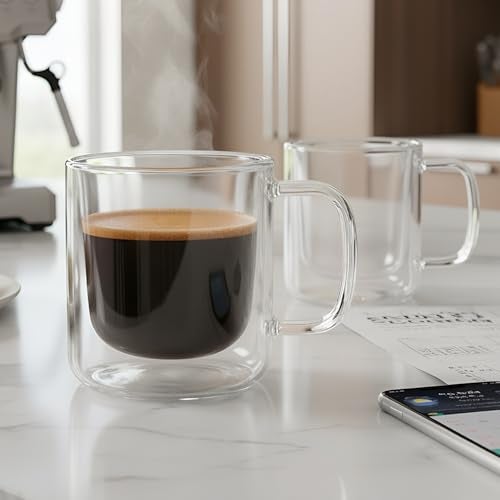 Aquach 2-Pack Double Walled Insulated 8oz Glass Coffee Mugs with Handle - Ideal for Espresso, Latte, Americano, and Cappuccino - Image 2