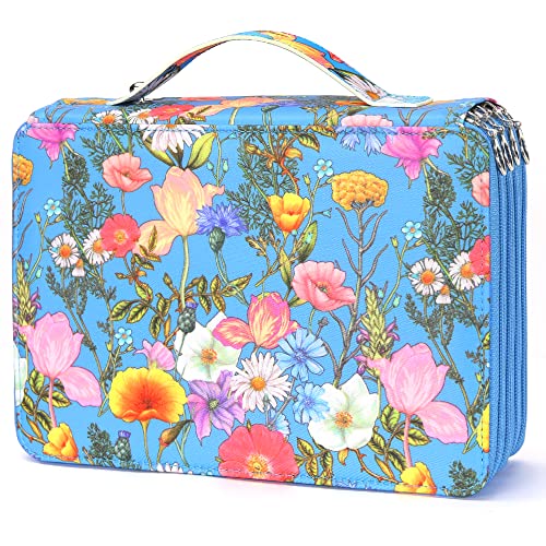 Vomgomfom 200 Slots Pencil Bag, 4-Layer Zipper Portable Art Supply Organizer, PU Leather Large Capacity Colored Pencil Case with Handle for 200 Watercolor Pens, Gel Pens (Blue Flower) - Image 1