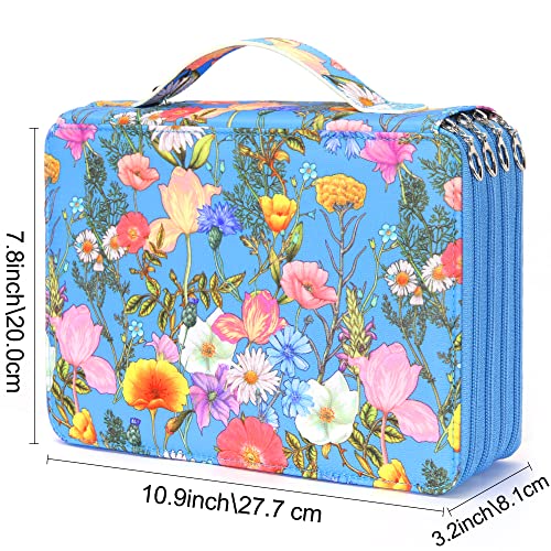 Vomgomfom 200 Slots Pencil Bag, 4-Layer Zipper Portable Art Supply Organizer, PU Leather Large Capacity Colored Pencil Case with Handle for 200 Watercolor Pens, Gel Pens (Blue Flower) - Image 2