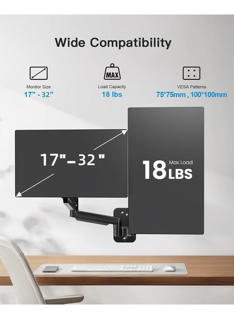 اكسيسن حامل حائطي مزدوج للشاشة، أذرع قابلة للتعديل لشاشتين مقاس 17-32 بوصة، لشاشتين، يتحمل وزنًا يصل إلى 18 رطلاً، حامل شاشات كمبيوتر للمنزل والمكتب - Image 3