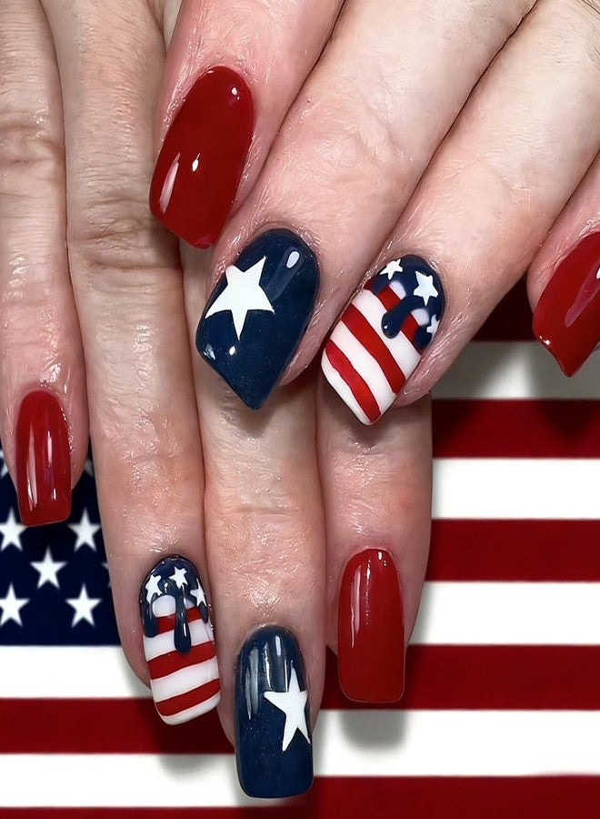 Hrnsnails 4th of July Nails 24Pcs Fourth of July Short Press On Nails Almond Fake Nail with Blue, Red and White Pentagram Stripes Design, Acrylic Artificial False Press Ons Stick On Nails for Women - Image 1