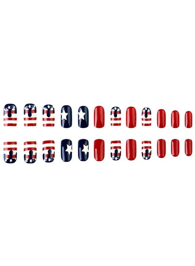 Hrnsnails 4th of July Nails 24Pcs Fourth of July Short Press On Nails Almond Fake Nail with Blue, Red and White Pentagram Stripes Design, Acrylic Artificial False Press Ons Stick On Nails for Women - Image 5