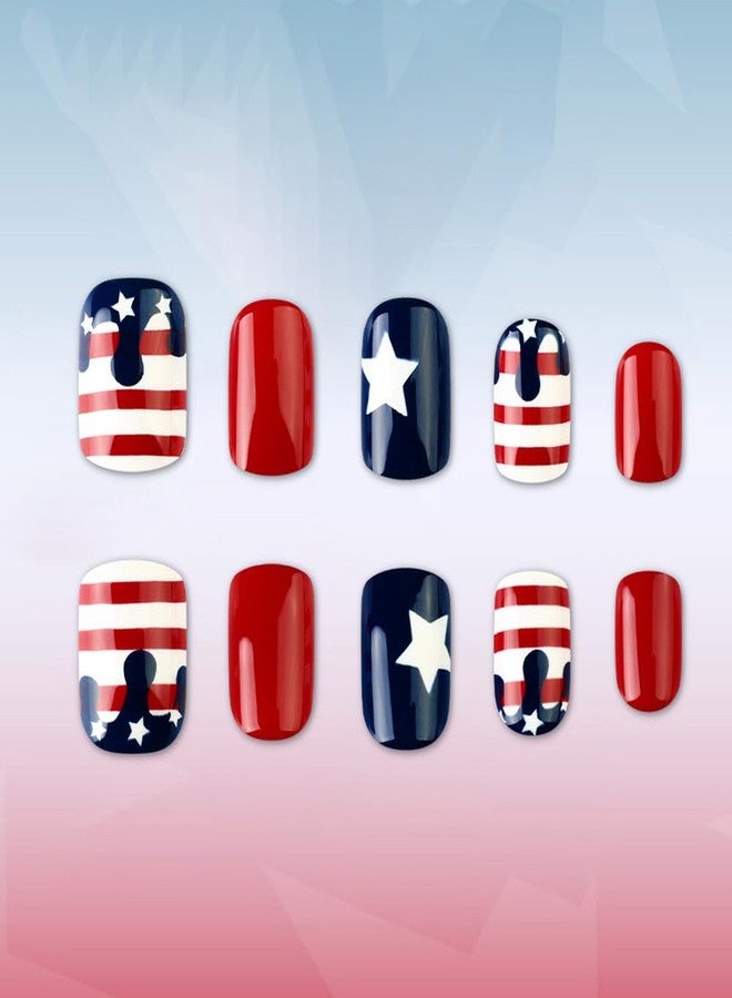 Hrnsnails 4th of July Nails 24Pcs Fourth of July Short Press On Nails Almond Fake Nail with Blue, Red and White Pentagram Stripes Design, Acrylic Artificial False Press Ons Stick On Nails for Women - Image 3