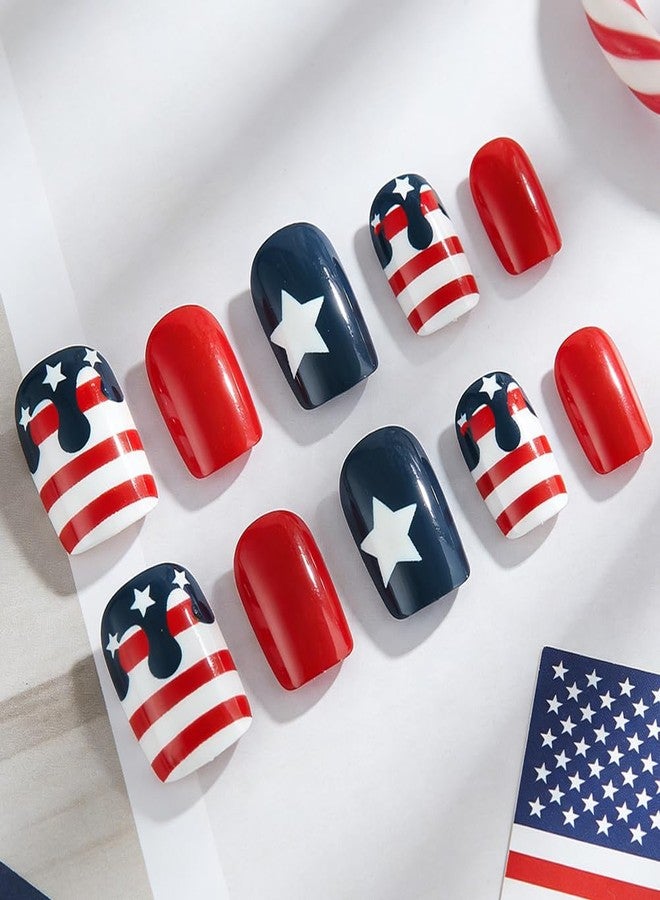 Hrnsnails 4th of July Nails 24Pcs Fourth of July Short Press On Nails Almond Fake Nail with Blue, Red and White Pentagram Stripes Design, Acrylic Artificial False Press Ons Stick On Nails for Women - Image 4
