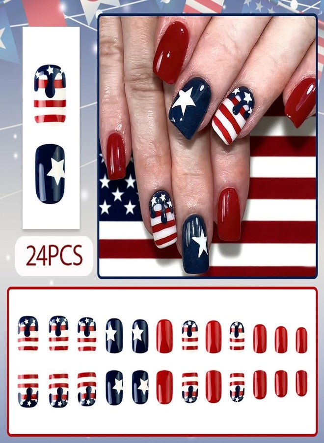 Hrnsnails 4th of July Nails 24Pcs Fourth of July Short Press On Nails Almond Fake Nail with Blue, Red and White Pentagram Stripes Design, Acrylic Artificial False Press Ons Stick On Nails for Women - Image 2