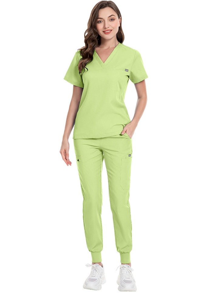 Loquat Unisex Medical Uniform Scrubs 2 Piece Set V-Neck Top and Elastic Waist Jogger Pants Suit Green  - Image 1