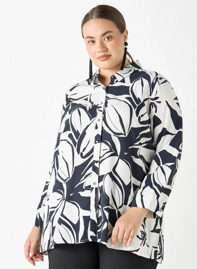 Ulla Popken Plus Size Ulla Popken All-Over Floral Print Shirt with Long Sleeves