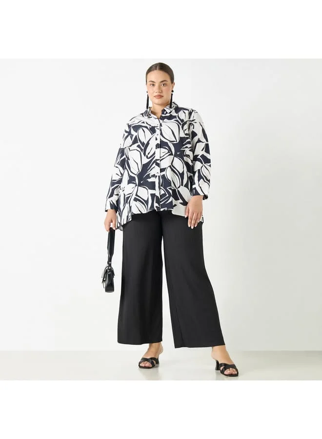 Ulla Popken Plus Size Ulla Popken All-Over Floral Print Shirt with Long Sleeves