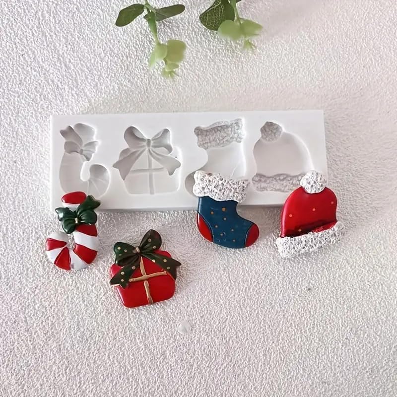 LEGACYCART LEGACYCART 4 Slot Santa Hat Candy Cane Sock Gift Christmas Silicone Fondant Mould for Cake Cupcake Decoration Chocolate Candy Christmas Gummy Jelly Polymer Clay Resin Mould Pack of 1 - Image 1