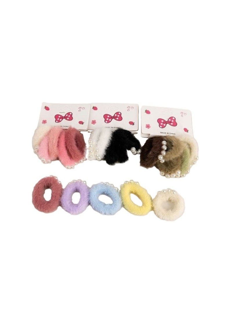 Velvet Fur Hair Scrunchies with Pearl Embellishment - Multi-Color Set