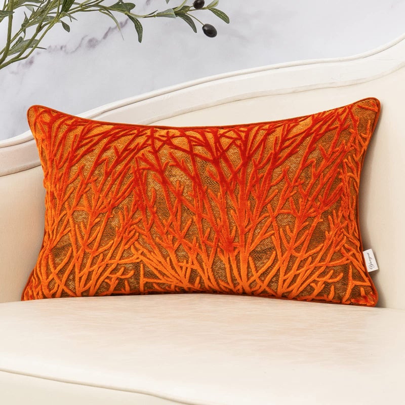 Yangest Orange Throw Pillow Cover Velvet Cushion Cover Branches Rectangular Pillowcase for Sofa Couch Bedroom Living Room, 12x20 Inch - Image 1