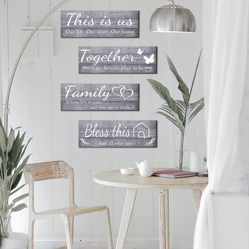 Joyhawk 4 Pieces Wall Decor Signs, THIS IS US, TOGETHER, BLESS THIS HOME, FAMILY Rustic Wooden Farmhouse Wall Art Décor For Living Room Bedroom Kitchen, 4.7 x 13.8 Inch(Grey) - Image 5