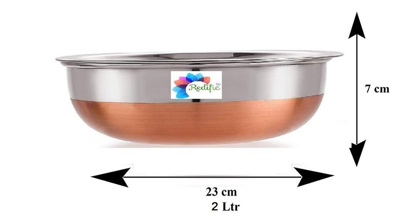 Redific Stainless Steel Copper Bottom Punjabi Tasra Tasla Handi Cooking Serving Pot Biryani Tasra Set of 1 Size 2Ltr  - Image 2