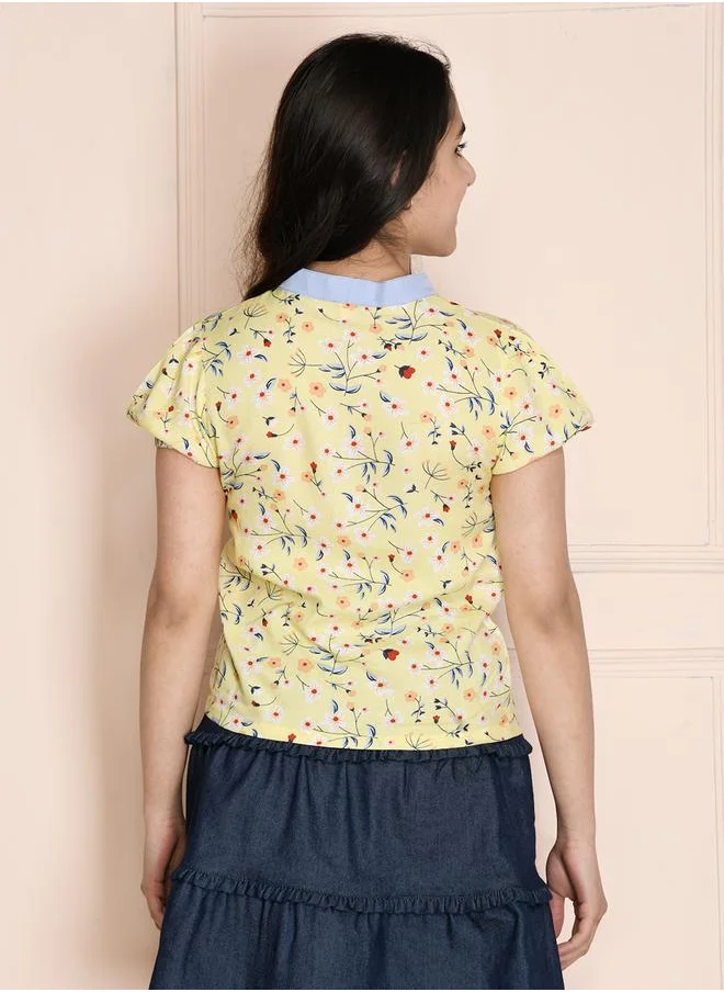 ليلك Lemon Yellow Floral Neck Tie Up Top