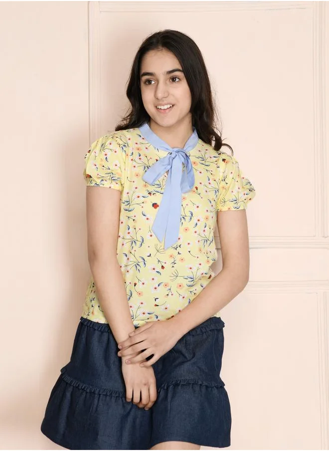 ليلك Lemon Yellow Floral Neck Tie Up Top