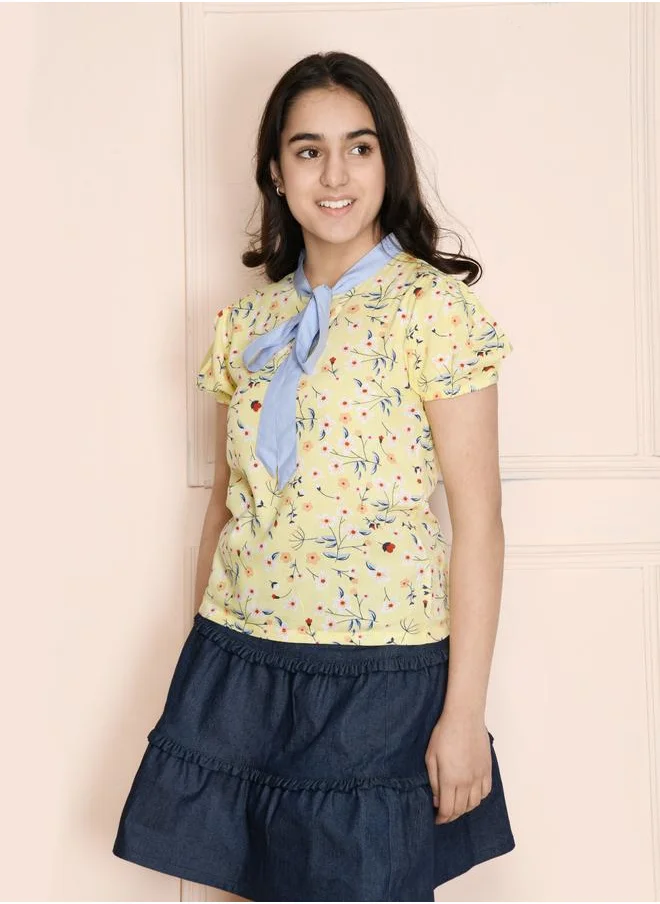 ليلك Lemon Yellow Floral Neck Tie Up Top