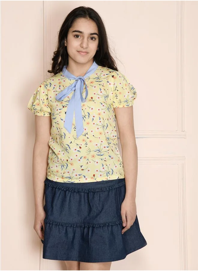 LILPICKS Lemon Yellow Floral Neck Tie Up Top