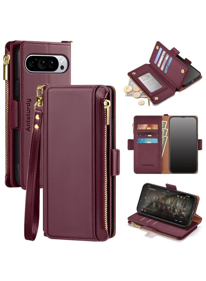 Antsturdy Compatible with Google Pixel 10/ Pixel 10 Pro Wallet Case with Card Holder Women Men Phone Case RFID Blocking PU Leather Flip Protective Cover Wrist Strap Zipper Credit Card Slots,Wine Red - Image 1