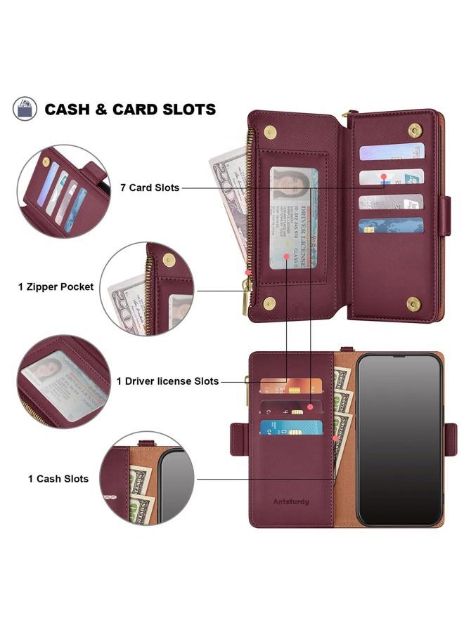Antsturdy Compatible with Google Pixel 10/ Pixel 10 Pro Wallet Case with Card Holder Women Men Phone Case RFID Blocking PU Leather Flip Protective Cover Wrist Strap Zipper Credit Card Slots,Wine Red - Image 5