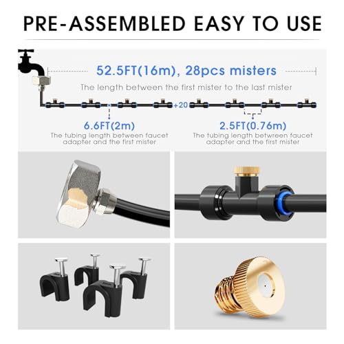 Cureder Misting Cooling System 59FT (18M) Misting Line + 26 Brass Mist Nozzles + 28 Brass Adapter(3/4") Outdoor Mister for Patio Garden Greenhouse Trampoline for Waterpark - Image 3