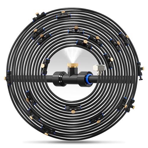 Cureder Misting Cooling System 59FT (18M) Misting Line + 26 Brass Mist Nozzles + 28 Brass Adapter(3/4") Outdoor Mister for Patio Garden Greenhouse Trampoline for Waterpark - Image 1