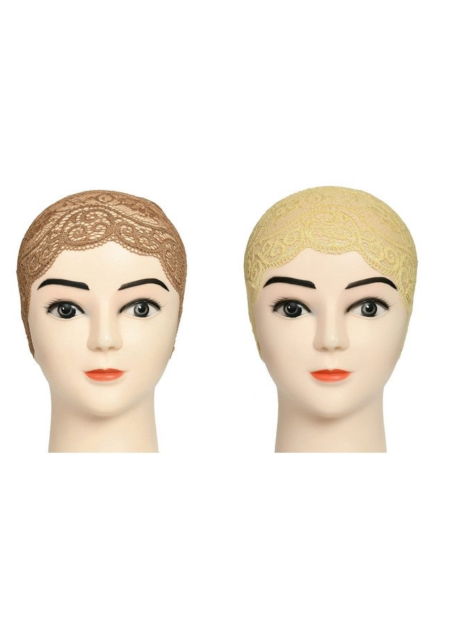 Girls and Womens Hijab Headband, Under Hijab Scarf Naqab Head Scarf (2 pcs) (LIght Brown and Cream) - Image 2
