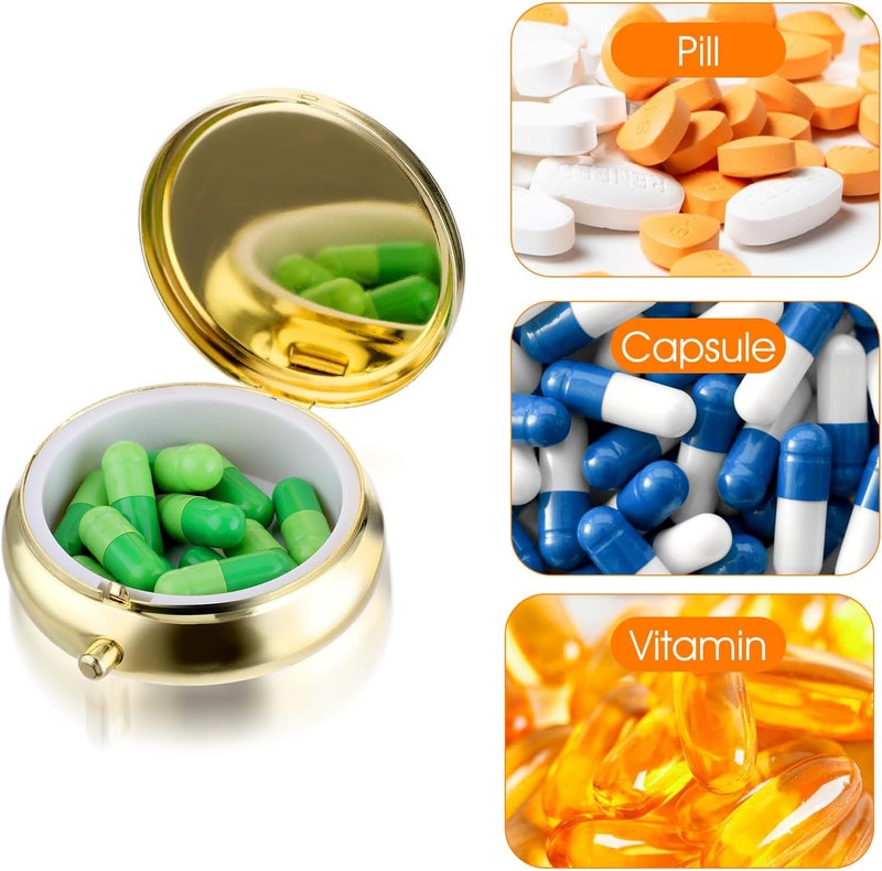ولهيف علبة حبوب اللطيفة والصغيرة للحقيبة والجيب، منظم أدوية، علبة حبوب للسفر، مقاومة للماء، حاوية حبوب معدنية للفيتامينات وزيت السمك والمكملات الغذائية (ذهبي) - Image 4