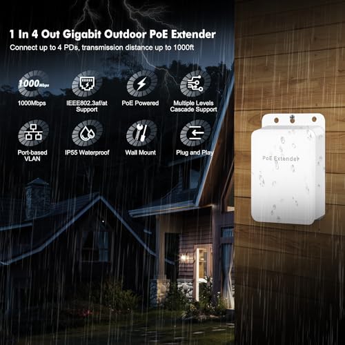 Binardat Outdoor Gigabit PoE Passthrough Switch, 1 POE in 4 POE Out Extender, IEEE802.3af/at/bt Powered 90W, 10/100/1000Mbps Ethernet, Wall Mount Waterproof Plug and Play - Image 2