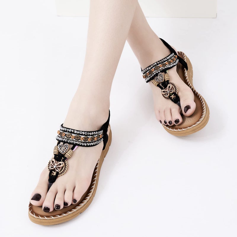 Aomigoct Sandals Women Flat Shoes: Dressy Summer Bohemian Flats Shoes for Women Sandals Comfortable Ankle Strap Outdoor Walking - Image 2