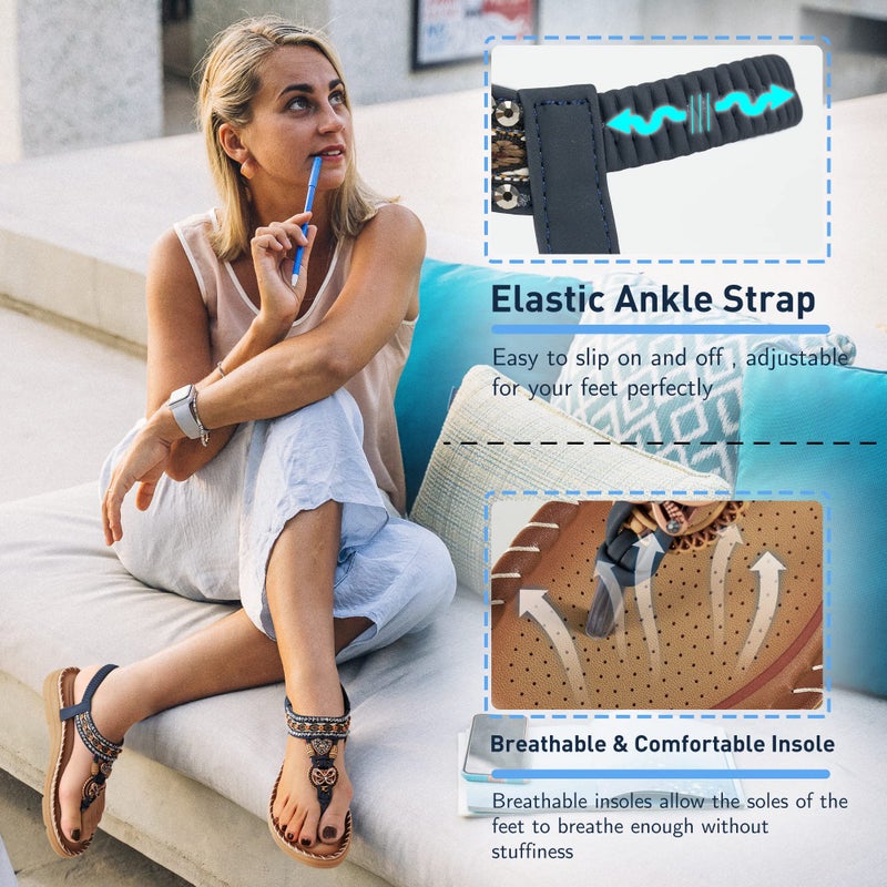 Aomigoct Sandals Women Flat Shoes: Dressy Summer Bohemian Flats Shoes for Women Sandals Comfortable Ankle Strap Outdoor Walking - Image 3