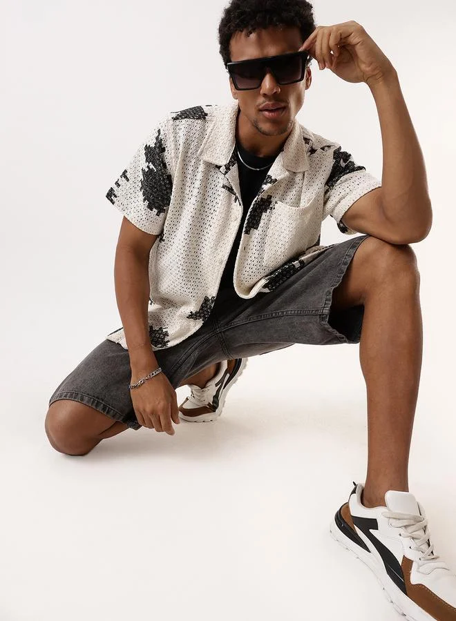 Hubberholme Men's Black 100% Cotton Washed Pattern Button Down Oversized Shirt